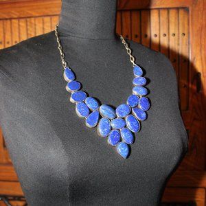 Vintage Style Bib Collar Necklace Lapis color stones set in silver tone metal